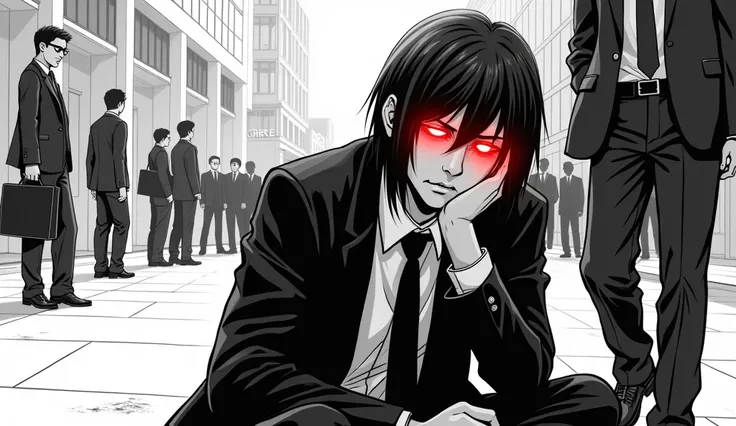 Create a black and white manga style image with, monochrome, um adulto sentado na calçada, arrependido de algo, vestido com uniforme da empresa, em clouse-up olhando para frente, bright red eyes, red outline. People in suits in the background.