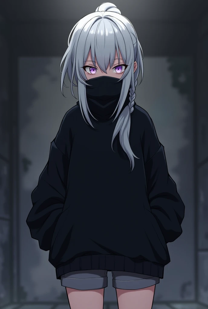 A Danganronpa oc that has silver hair, her bangs always covering her eyes and a long ponytail in the back on her hair, she has pale purple eyes, she also wears a giant black sweater and short grey shorts