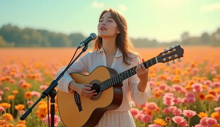 (photorealism:1.2), woman singing with closed eyes while playing guitar, stand microphone, vibrant flower field, sunny day, realistic detail, soft lighting, serene atmosphere, cinematic composition, masterpiece, 4k resolution, detailed textures, tranquil s...