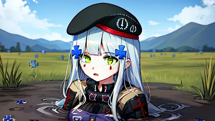 (416_girlsfrontline:1.5), partially submerged, in mud, flooding up to the chest, upper body, military uniform, 416 face, beret,