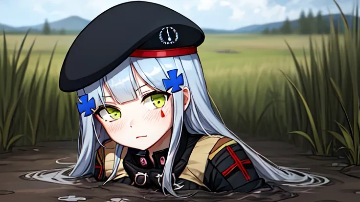 (416_girlsfrontline:1.2), partially submerged, in mud, flooding up to the chest, upper body, military uniform, 416 face, beret,