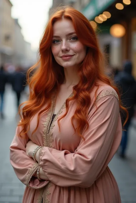 A redhead gitl in street, standing as a model for pictures, a matching tunic, Russian girl, fat face , long wavey hair, age 22, weight 65, brown eyes, fatty face. Russian, fat، freckles 