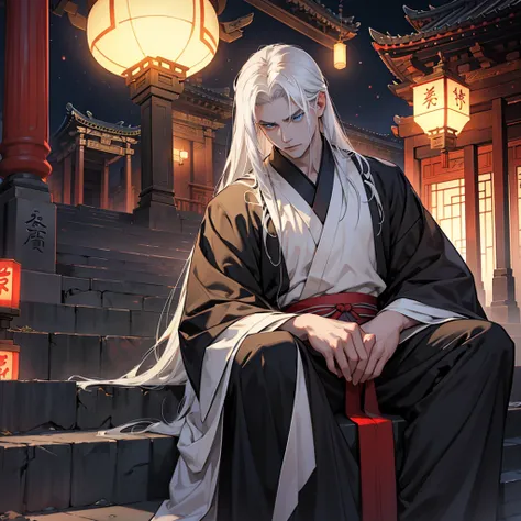 A gloomy and mysterious scene - a male figure dressed in black hanfu, long white hair, blue eyes. he is sitting on the steps of the temple. dimly lit by candles, casting shadows and creating a gloomy atmosphere. night, dark. 