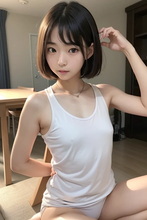 Real Stick,８KCG,High resolution,Create a photo of a Korean Asian teenager,beautiful girl, ((plutinumBlonde)),9yo,Narrow eyes:1.5,Slim Face,Underarm,White tank top,No arm hair,Small Face,Slim Face,Ask,Sit on a netcafe praivateroom,
1人の女の子, 足をフレーム外へ,(((もっと平ら...