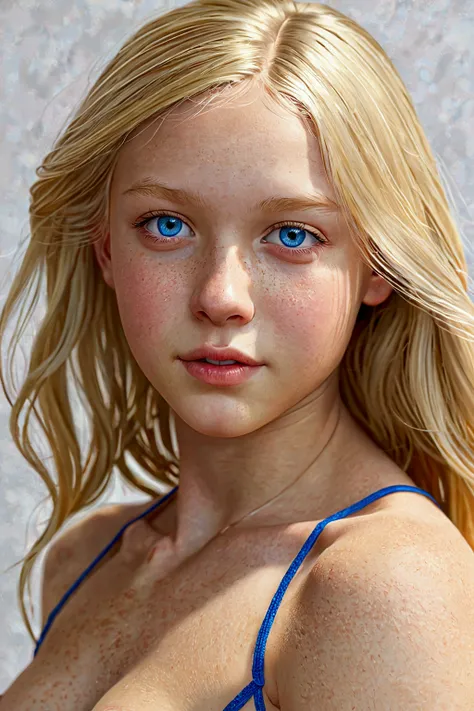 Realistic naked blonde teen with blue eyes, light skin, and wearing nothing with petite breasts.