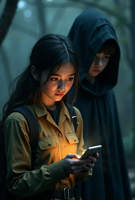 Zoo worker with her phone flashlight on and behind her a boy whose face is not visible wearing a black night cape 

