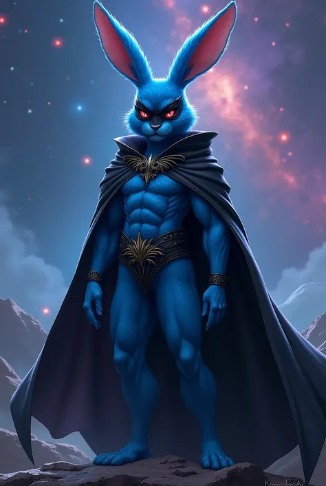 Create a blue rabbit with a mask and black cape, being the villain of a space adventure, his name is Lord Rabbit 