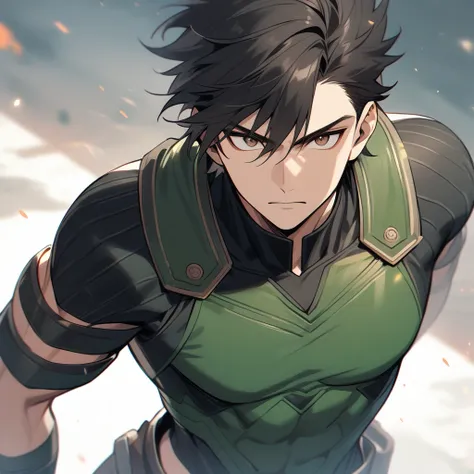 a male warrior, with an athletic body, brown dark eyes, short black hair, wearing green and black colored outfits.