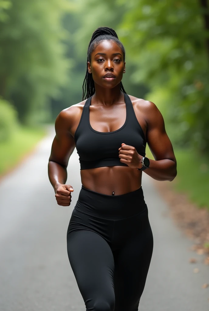 a black woman wearing a black sports bra black gym clothes, athletic body in shape, walking along a road