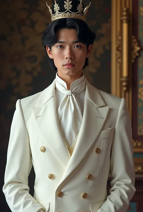 A 1 British teenage prince, black hair, blue eyes, clear skin, dressed in a white and elegant Victorian suit, with a black crown.