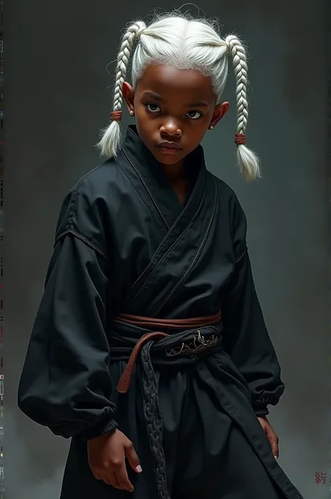 A black boy with two strand twists dyed white in a ninja outfit.