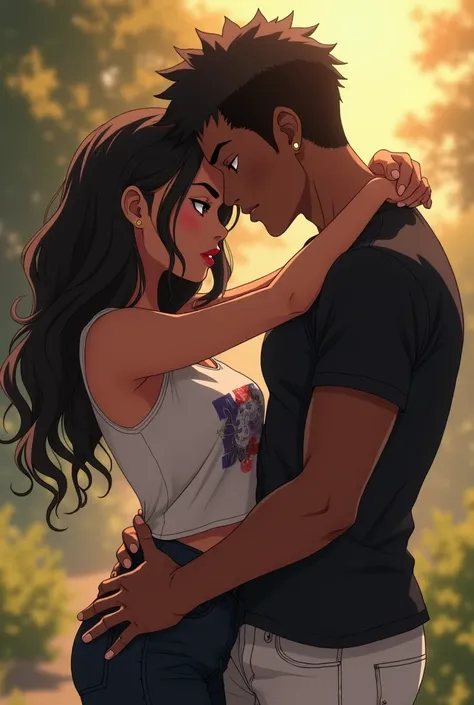 A beautiful young woman and an handsome man kissing, they are black, the woman is wearing a designed sleeveless t-shirt, the man wears a black t-shirt and a white jeans, anime style, realistic wide shot