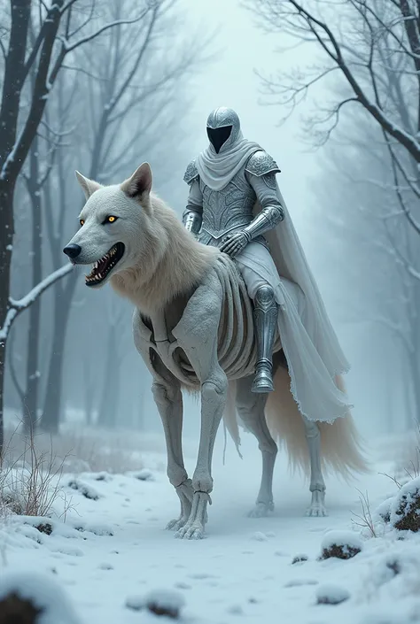 Knight in white armor, riding a giant wolf made of bones with glowing eyes in a cold environment with trees and snow 