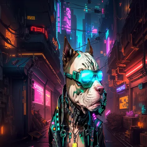 cyber dog with glowing glasses on a city street, cyberpunk art style, cyberpunk vibes, cyberpunk themed art, gato ciberpunk, on ...