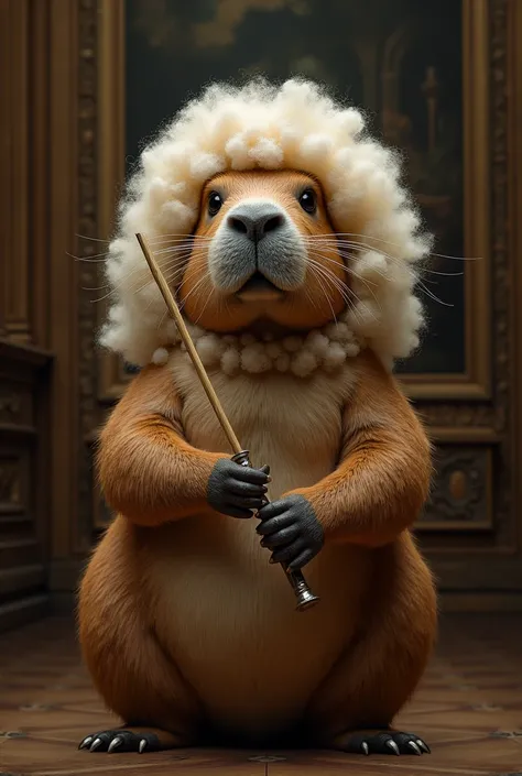 Make a capybara with a serious face, wearing a Bach wig and as a classical musician with a baton in his hand 