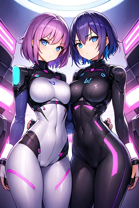 2girls, twins, sister, purple hair, very short hair, blue eyes, bodysuit, black bodysuit, serious, large breasts, thick thighs, futurístic, tech, science-fiction, machinery, toned, hourglass figure, mature female, neon trim, neon lights, long sleeves, pant...