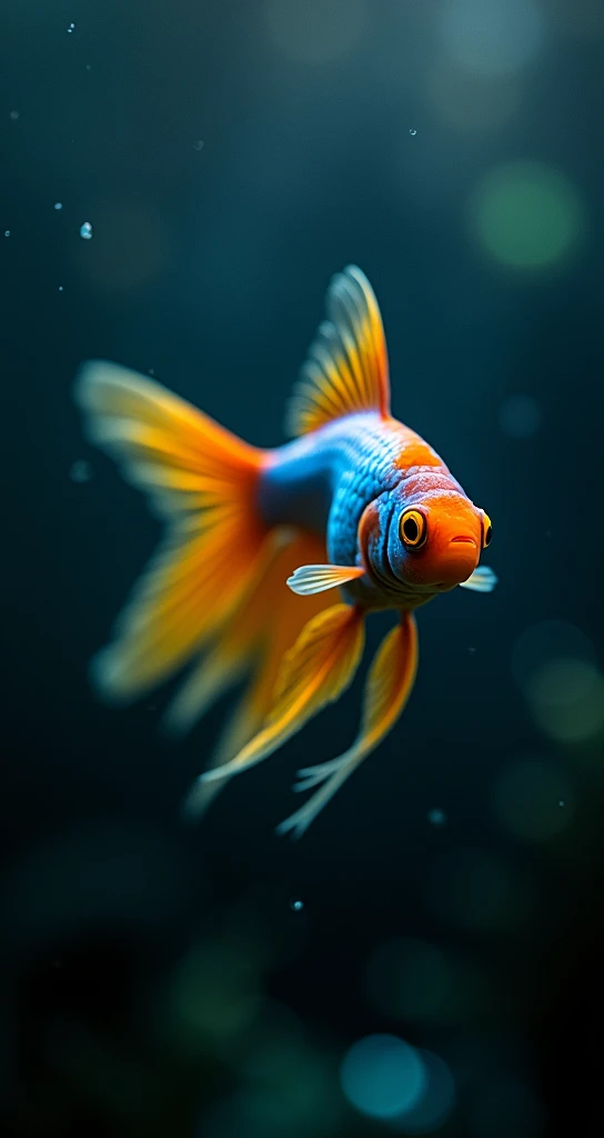 Cinematic shot of a Beta fish in a dark background swimming, moving dynamically in the water. The fish is orange, blue and yellow. The most beautiful nature documentary, low contrast, 35mm, color graded.