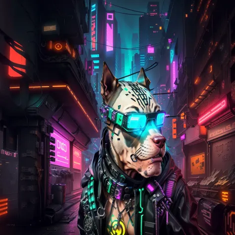 cyber dog with glowing glasses on a city street, cyberpunk art style, cyberpunk vibes, cyberpunk themed art, cyberpunk pitbull d...