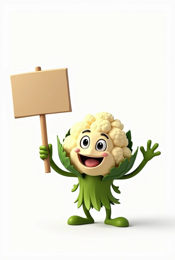 an animated cauliflower holding a sign on a white background