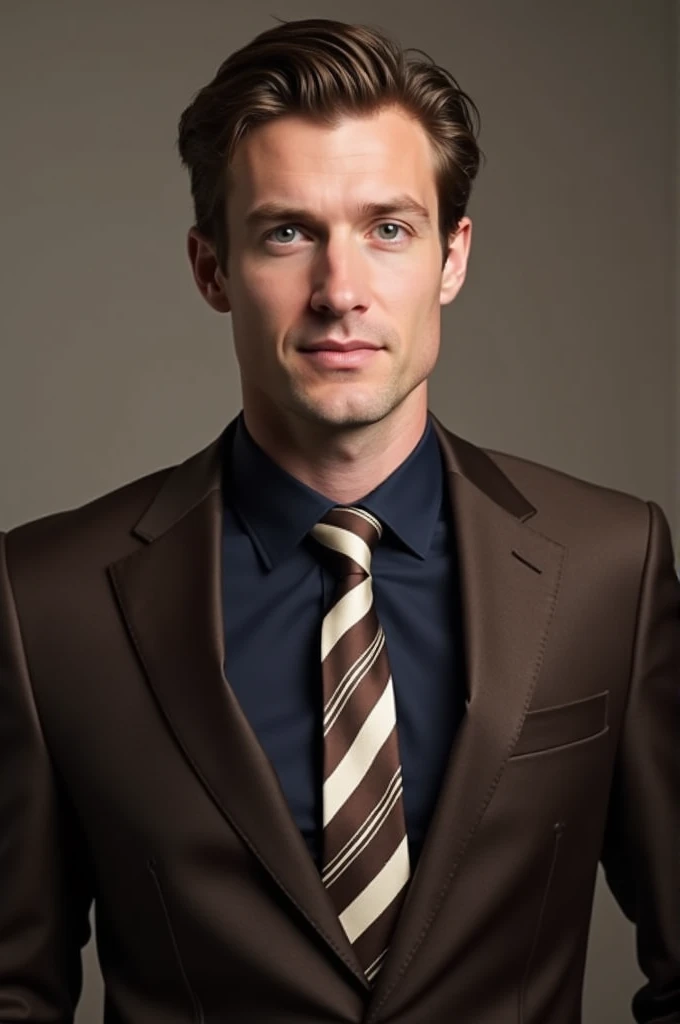 Young white Man wearing a dark brown suit with a navy shirt, and striped off-white and dark brown tie.