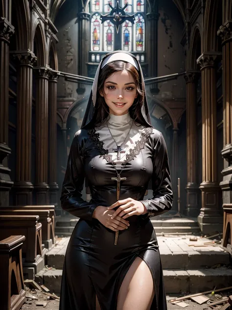 
a sexy nun, a devil in an abandoned, dilapidated church, High Resolution, Masterpiece, Anatomically Correct, Accurate, High Details, Super Detailed, High Quality, Brown Hair, perfect eyes, Seductive Smile, Excited, 8K,Clear light