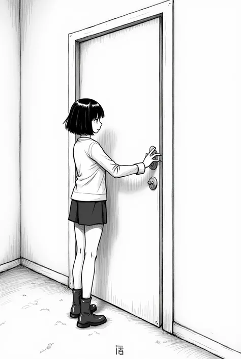 A 20-year-old girl with short hair holding the door handle to open it in a black and white manga style