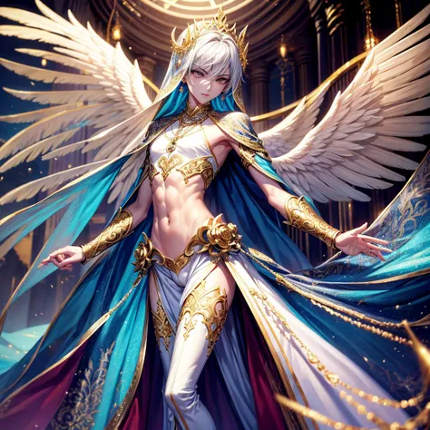 laced jeweled ornamented outfit, androgynous young beautiful pretty slim skinny slender archangel boy, (dynamic pose:0.5), standing, outdoors, (bulge:1.3)