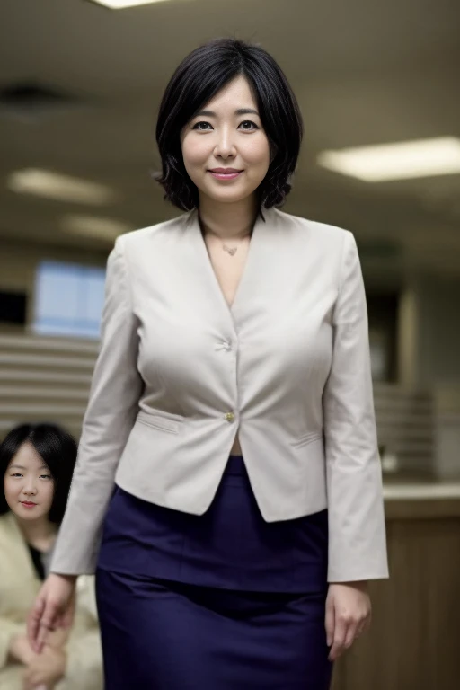 Masterpiece, photo quality, Japanese beauty, business jacket, cotton tight skirt, beautiful skin-colored thighs, smile, droopy eyes, gentle eyes, short hair, office,