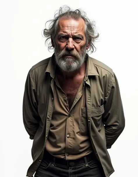 hobo, dirty and disheveled with hands behind his back, angry face, white background, realistic photograph