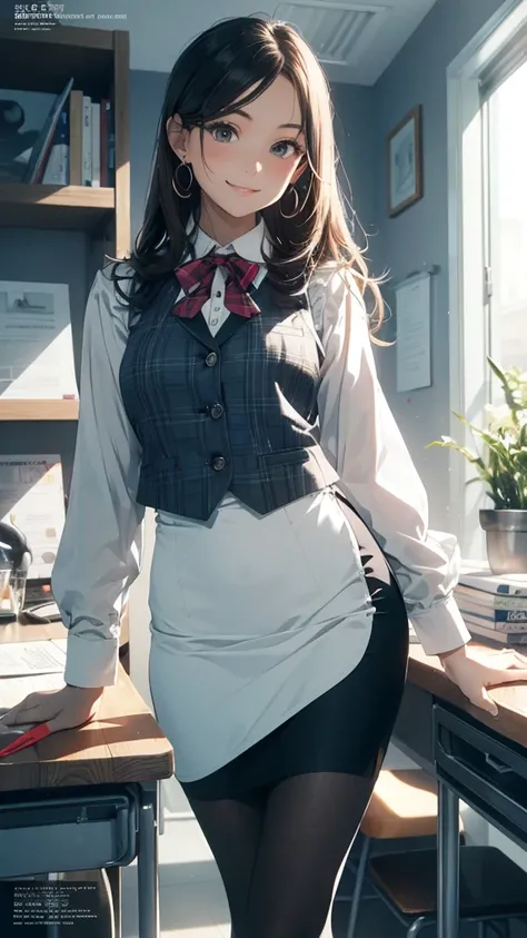 (Best Quality, Masterpiece),Wearing a pink plaid vest, White short sleeved shirt, Gray pencil skirt, Wear stiletto heels, Necklace, earrings, Cute face, Smile, Blushing, Shyness, Glass wall, Ultra Detail, Realistic, Front view, Whole body, stunning, cute, ...