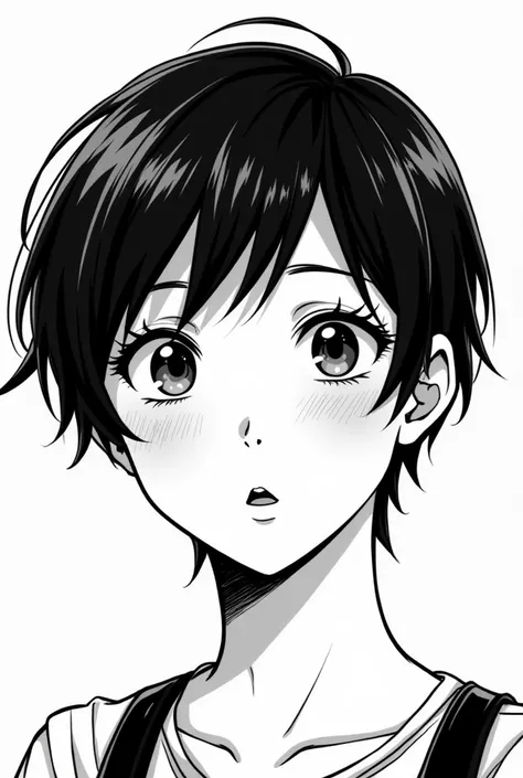 A 20-year-old girl surprised with short hair in black and white manga style 