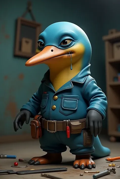 I want you to make a humanoid platypus (that looked like Perry Platypus) who is an electrician and is sad about losing his job.
I WANT HIM TO BE AN ELECTRICIAN AND I WANT HIM TO CRY WITH SADNESS