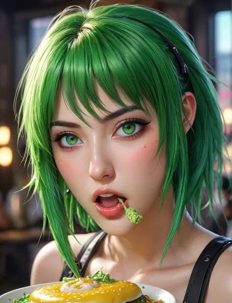 There is a green-haired woman eating a piece of food, deviantart art station cgscosiety, Cara de Ahegao, sensual digital painting, realistic art style, seductive portrait of tifa lockhart, realistic 3d anime, 3d realistic anime style., german art bokeh 8k,...