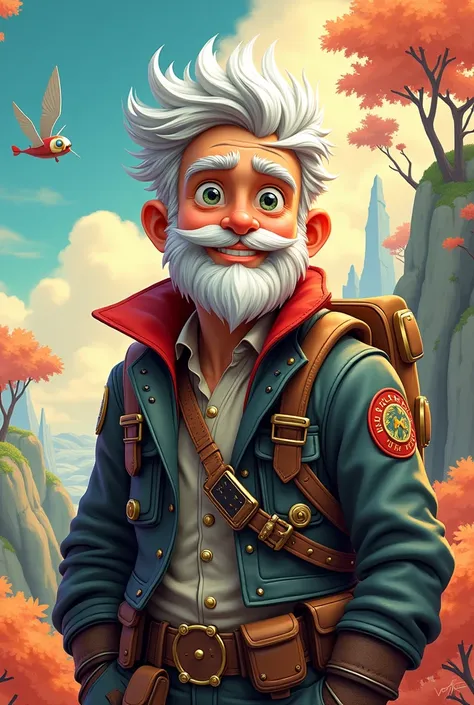 A 3D rendering of a fascinating illustration by Rafael Albuquerque. A young pilot with silver hair and a white beard has a radiant smile and eyes full of wonder. He is dressed in a unique set of modern, traditional, and steampunk elements, with leather and...