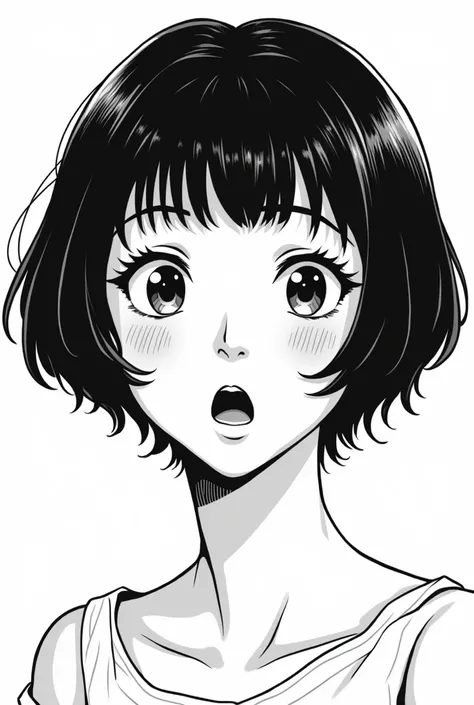 A 20-year-old girl surprised with short hair in black and white manga style 