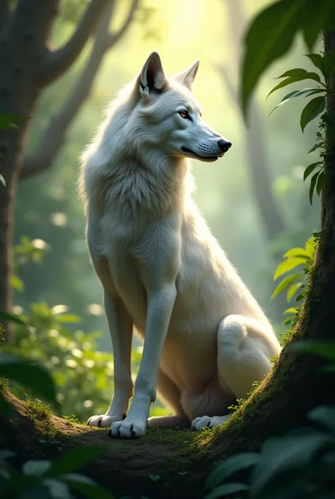 White wolf, pregnant, relastic image, jungle view 