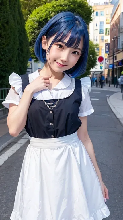 Highly detailed CG Unity 8K wallpapers, Highest quality, Very detailed, masterpiece, Realistic, photoRealistic, Very detailedかわいい女の子, (2), blush, Round eyes, Eye highlights:1.4,Medium chest,Shiny blue hair,Audience,Face shot, Maid clothes、 street,Model pos...