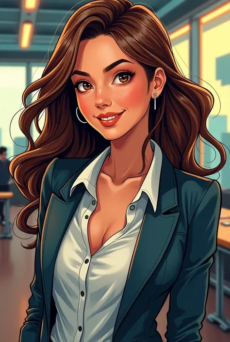 Make me an image of a woman who is Monica, she is a very pretty worker, brown hair, light brown eyes, and she looks 30 years old, like in a comic.