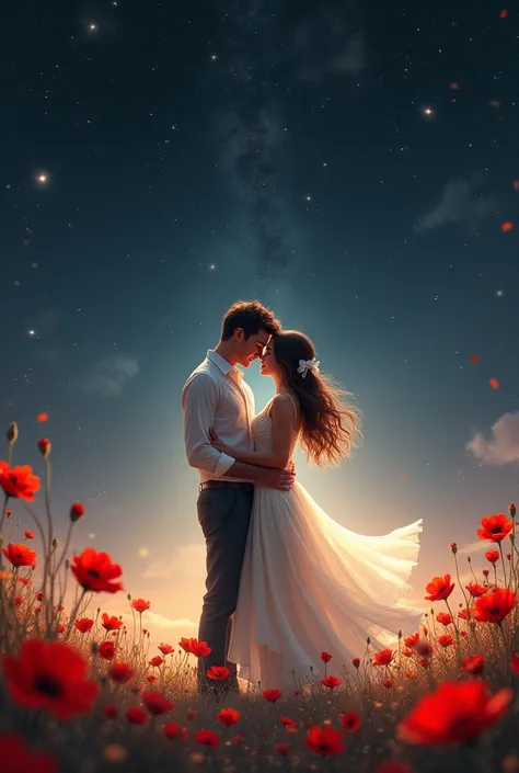 Two lovers in the center of the universe, she in a white dress and a white bow in her hair and lots of poppies and a little music 
