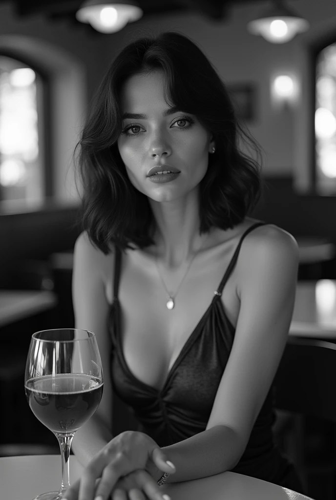 Beautiful brunette girl, in the style of black and white photos. An open evening dress emphasizes the slimness of the figure. Shoulder length hair, slightly wavy . He is sitting at the table . There is a glass of wine in front of her.. Beautiful cozy cafe