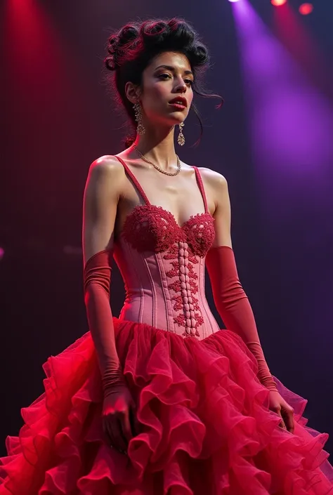 Create a white dress with lots of ruffles and lace, with pink and red touches that have a corset that has delicate touches and gloves , that is not so long in the front.(It&#39;s for Mon Laferte&#39;s concert)