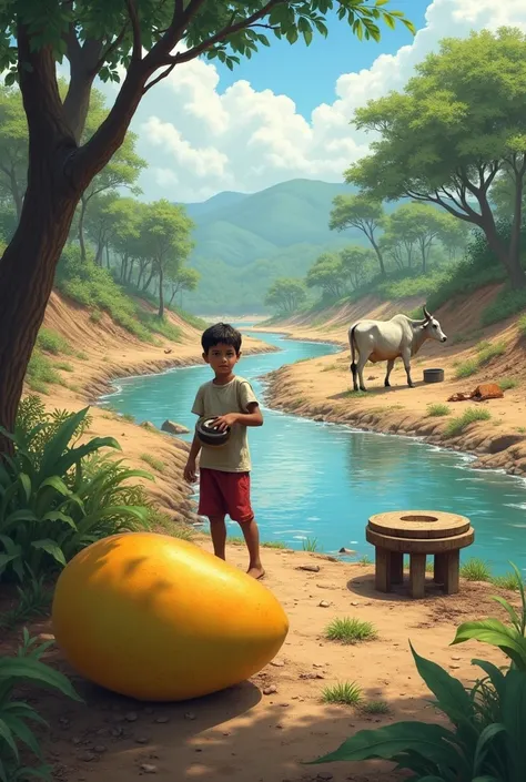 Deforested landscape, mango on the ground, river, vache près de la river,  boy with a container, stools on the ground