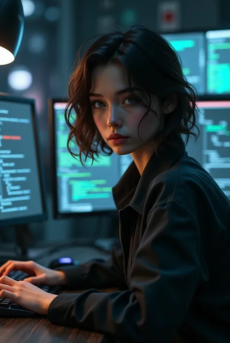 Female hacker with short brunette hair