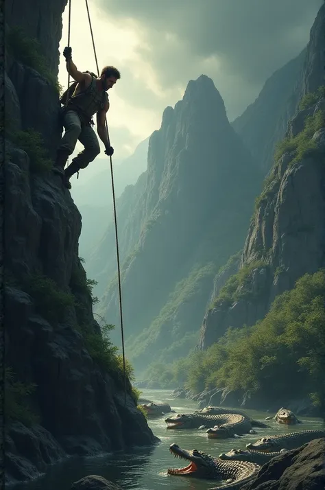 Man climbing a mountain with a rope with several crocodiles below 