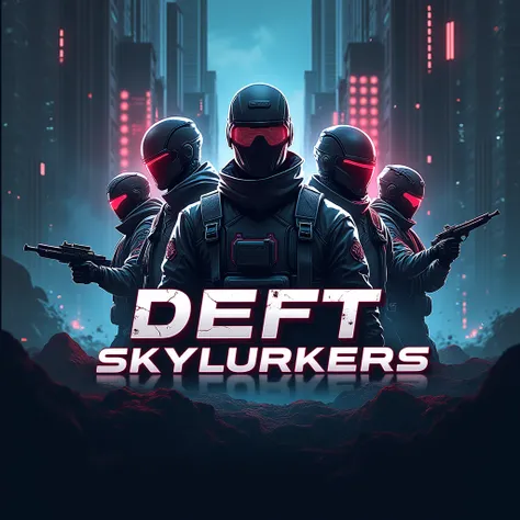 Make a gaming logo of 4K resolution named " Deft Skylurkers " with the text and 5 men