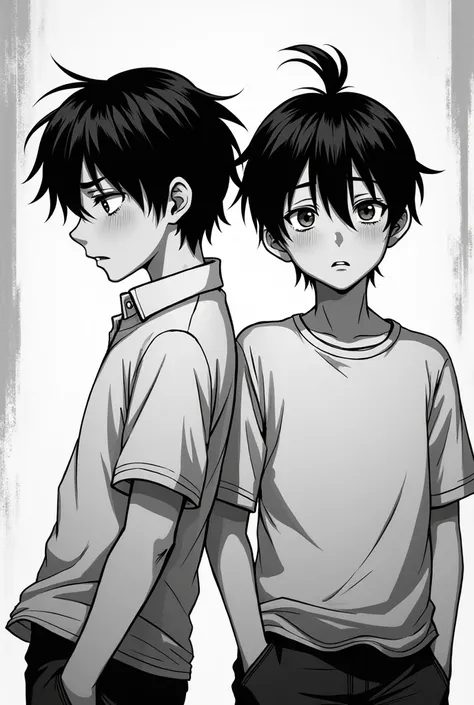 A crying 20-year-old boy with short hair and another 20-year-old boy with a bored look and slightly long hair tied in a small ponytail with his hands in his pockets, both looking forward in black and white manga style. 