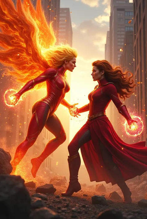 Jean Grey in Phoenix form fighting Wanda Maximoff in Scarlet Witch form