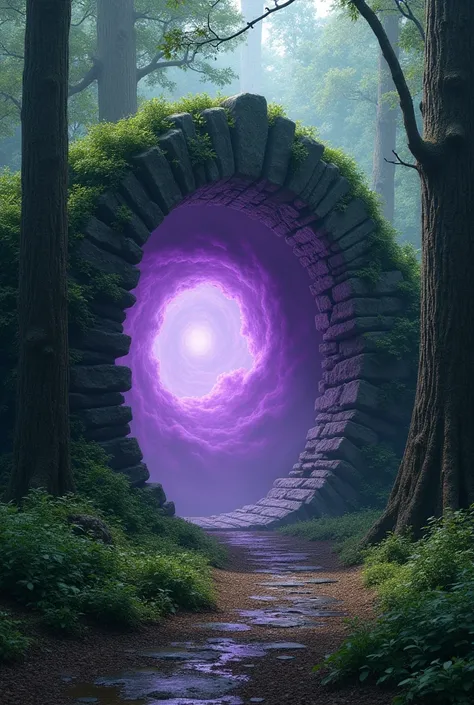 A Magic Portal, in a stone arch alone in the middle of the woods, old mossy stones, inside the portal is a spiral of dark purple smoke, comme un miroir sans reflet