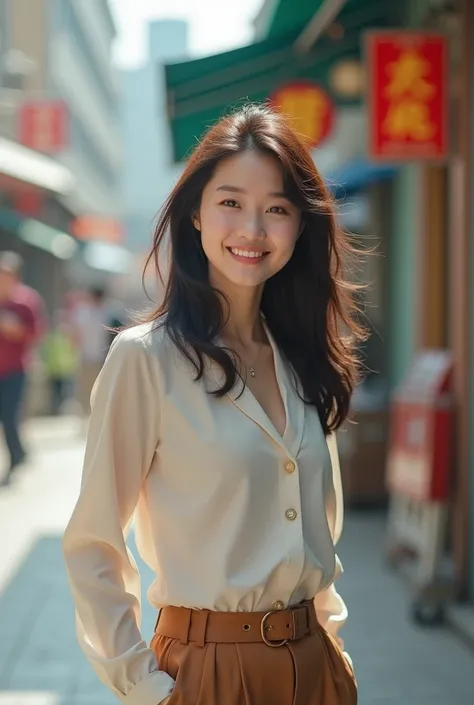 A perfectly beautiful North Korean woman smiles in casual clothes in downtown Pyongyang、From the feet to the whole body