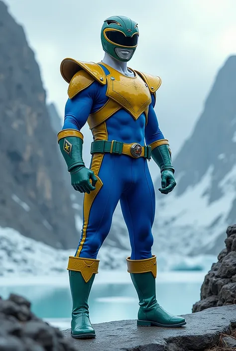 crie um power ranger com o tema rio grande do sul, in blue and yellow and green clothes, with a cold theme behind 